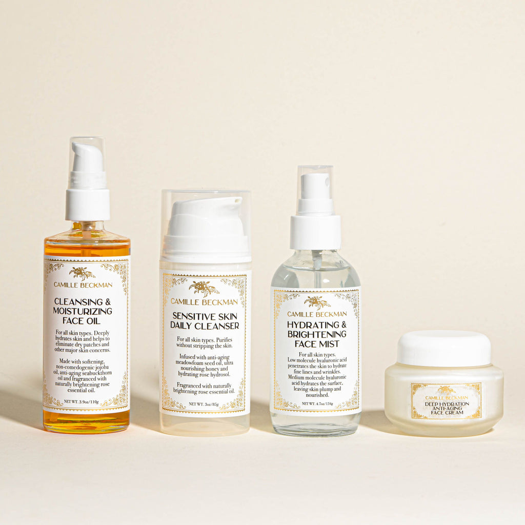 Camile Beckman skincare line in front of white background